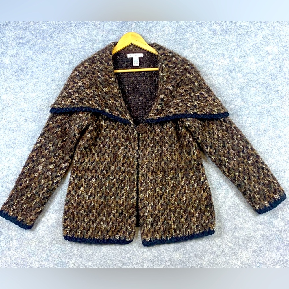 Susan Bristol Wool Blend Cardigan Sweater Size L Brown Shawl Collar Lagenlook